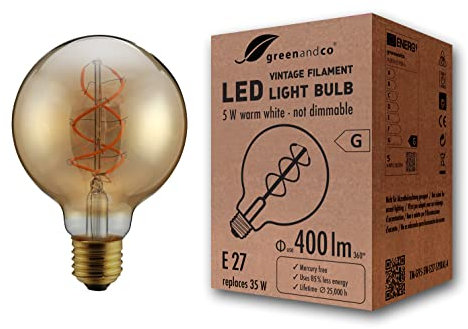 greenandco Vintage Glühfaden LED Lampe | gold | E27 G95 | 5W 400lm | 2000K extra warmweiß | 360° | 230V | flimmerfrei | nicht dimmbar