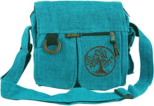 GURU SHOP Ethno Schultertasche `Tree of Life` - Türkis, Unisex - Erwachsene, Baumwolle, 25x25x15 cm
