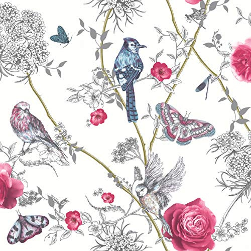 Arthouse White Wallpaper - Birds, Butterflies & Flowered Branches - Paradise Garden - Shimmery Background - Metallic Effects - Living Spaces & Feature Walls, 53 cm x 10.05 m Roll - 692405