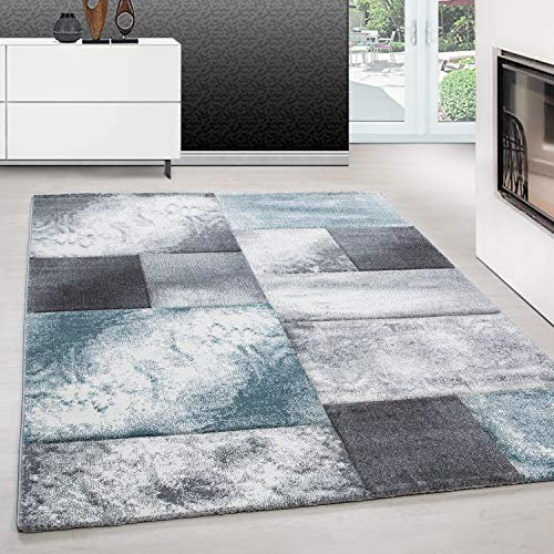 Teppium Moderner Kurzflor Teppich Wohnzimmer 120 x 170 cm Blau - Konturenschnitt Teppich Waschbar, Kariert Design, Pflegeleicht und Weich - Ideal für Schlafzimmer, Esszimer und als Küchenteppich