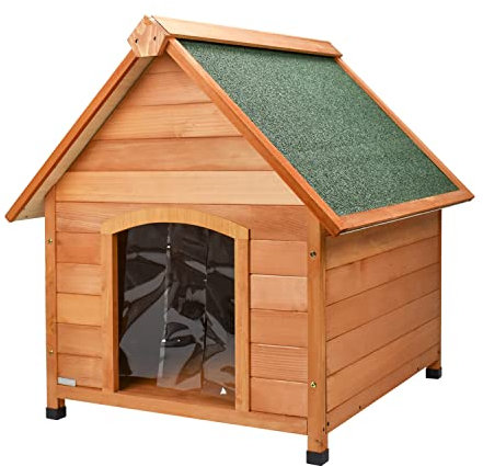 Cuccia in Legno da Esterno per Cane con Tetto Spiovente e Tenda Termica Misura Large/XLarge 91x123x106h cm