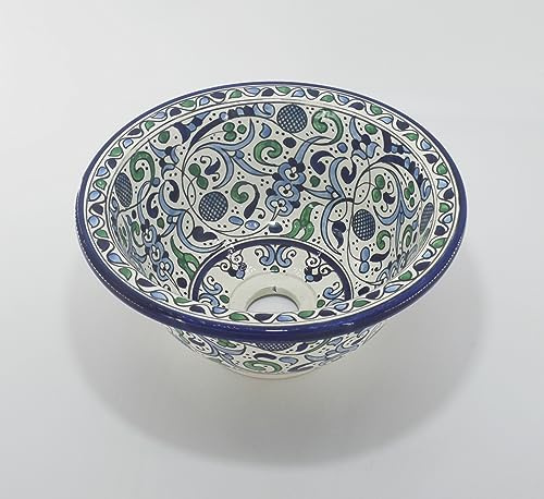 Baroque/Art Deco Green and Plue Design China Ceramic Hand Painted Moroccan Bathroom Sink, Round, Painted Inside Out - Ø 30 H 14 cm