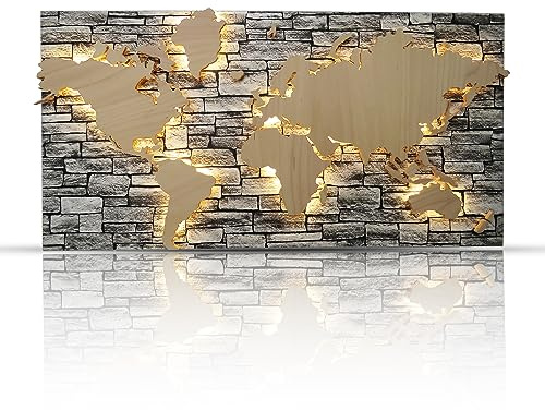 WINTINI LED Weltkarte Holz 100 x 50 cm 3D Effekt in Steinoptik - beleuchtete Vintage Wanddekoration Wohnzimmer - hochwertige LED Wanddeko - handgefertigtes Wandbild Dekoration Geschenk