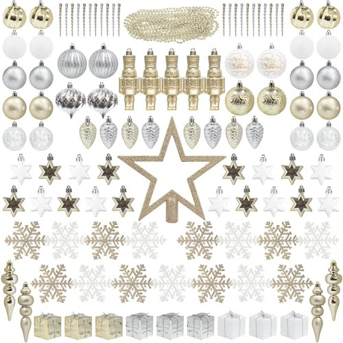 115pcs Christbaumschmuck Champagne weihnachtskugeln Set Kunststoff Bruchsicher Inklusive Tree Topper Kugeln Schneeflocken Sterne Tannenzapfen Perlen Girlanden