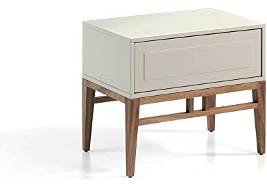 Angel Cerda - Mesita de Noche Gris Niebla con Cajón Soft-Closing y Patas de Madera de Nogal - Diseño Moderno para Dormitorio - 60 x 40 x 50 cm