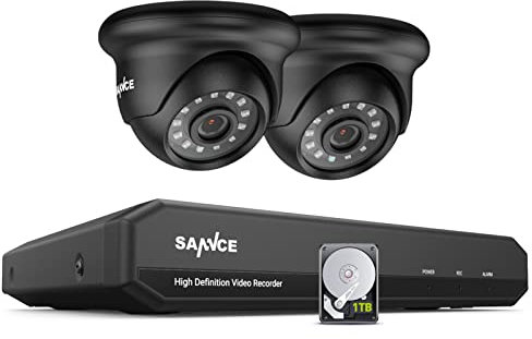 SANNCE Kit de Seguridad 4CH 1080N DVR 5-en-1 con 1TB Disco Duro Instalado y 2 Cámaras de Vigilancia 1080P HD Visión Nocturna Leds IP66 Interior/Exterior Acceso Remoto-1TB HDD