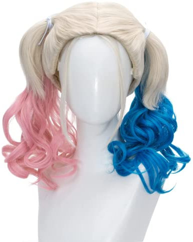 FALAMKA Blau Pink Perücke Doppelter Schwanz Damen Perücke Cosplay Kostüm Halloween