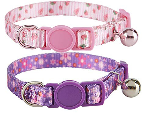 YUDOTE Katzenhalsbänder 2er-Pack, bunt Bedruckt Basic Starke Mädchen Katzenhalsband Schnellverschluss mit Abnehmbarer Glocke, rosa lila