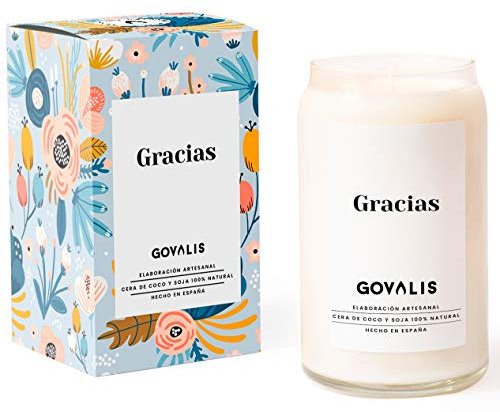 GOVALIS Vela Aromática Gracias | Cera de Soja 100% Natural | 100 Horas, Vela Perfumada Grande en Vaso, Vegana, Olor a Flores Cítrico y Dulce, Regalos Originales Amigos, Decoración, Yoga
