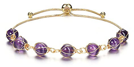 JSDDE Natural Amethyst Crystals Bracelet 14K Gold Reiki Healing Crystal Gemstone Adjustable Link Bracelets for Women Girls Gift