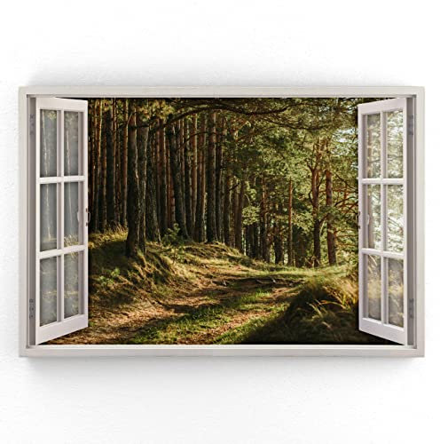 Estika - Leinwand Bilder Fensterblick - Wald - 120x80 cm - 1 teilige Wandbilder, Bild auf Leinwand, Modern Deko für wohnzimmer schlafzimmer - Natur Landschafts bilder - 5984A_1B