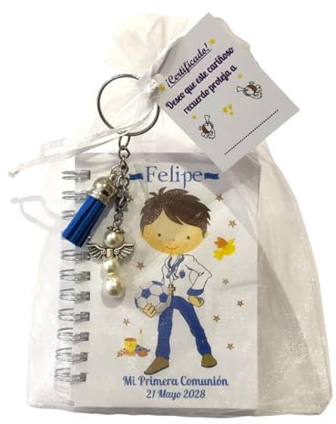 15 Libretas Personalizadas Niño Futbolista Comunión +15 Llaveros Angelito con Borlas Colores y Bolsa de Organza - Originales Detalles, Recuerdos de Comunión Para Invitados