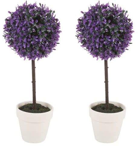 URBNLIVING Artificial Topiary Ball Box Tree Plant Set of 2 with Pot, 42 cm Large, Purple