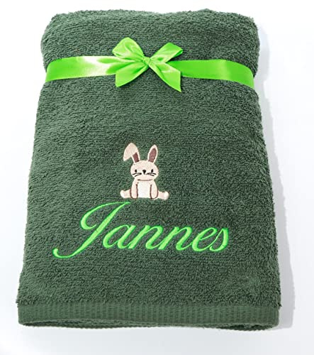 Personalisiertes Handtuch mit Namen und Motiv, 50 x 100 cm, Frottierhandtuch aus 100% Baumwolle, besticktes Gästehandtuch, Kinderhandtuch, Geschenk zur Geburt Taufe Geburtstag (50 x 100 cm, Olivgrün)