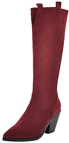 Lroey Reoly Stivali da Donna a Metà Polpaccio con Tacco Western, Cowgirl Boots Tacco Alto Appuntito Stivali Alti Senza Chiusura 172 Vino Rosso Numero 46 EU