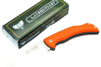 Cudeman Navaja Athenea 345-J con hoja de acero Böhler N690-Co de 8 cm y empuñadura de G-10 Naranja con separador negro de 10,5 cm + portabotellas de regalo (Con Funda)