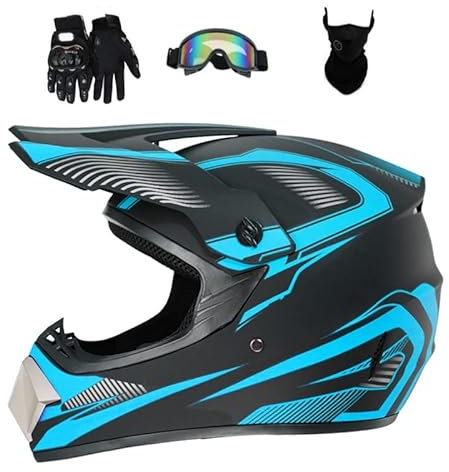Senhill Casque de Motocross Casque Dot Casque Offroad Casque de Motocross pour Jeunes Unisexes Casque de Moto avec Gants Lunettes Masque (Bleu Ciel, L)