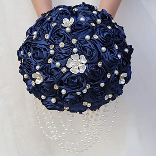 Gkvszy Bouquet da sposa blu navy con spilla di strass perla stringa cascata bouquet per sposa damigella d'onore Quinceanera raso rosa bouquet di fiori artificiali matrimonio blu navy 22,1 cm