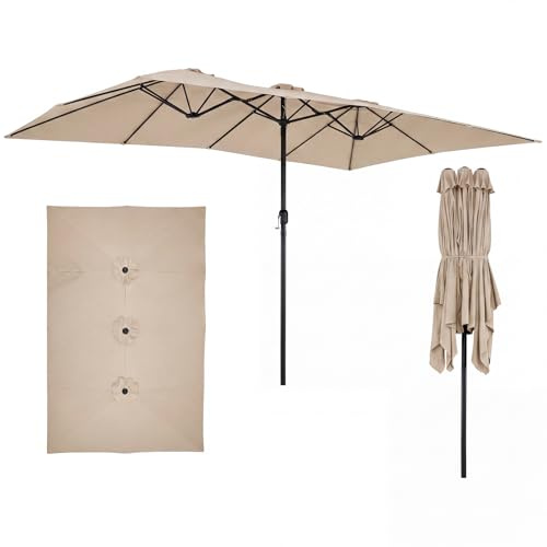 COSTWAY Doppelsonnenschirm 426x265cm, Sonnenschirm rechteckig mit Kurbel | UV Schutz, Gartenschirm Groß XXL, Terrassenschirm, Marktschirm für Terrasse, Garten, Braun