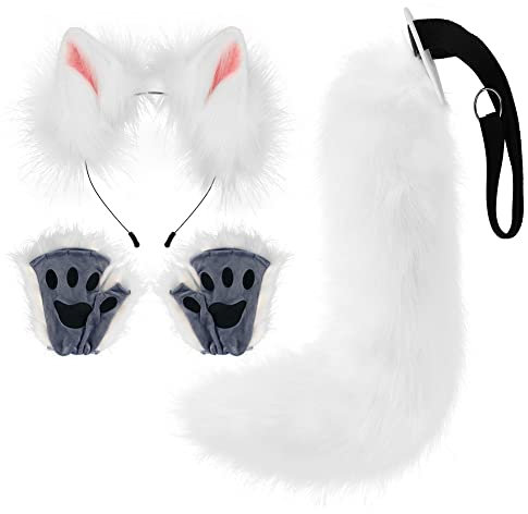 Halloween Karneval Comic Con Cosplay Fuchs Ohren Haarreifen Schwanz Pfote Schwanz Vierteiliges Set Zubehör (Weiß)