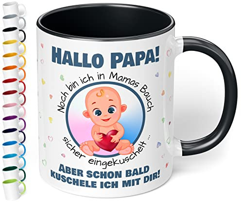 True Statements Werdender Papa Tasse Idee Schwangerschaft Verkünden– lustige Keramiktasse „Hallo Papa! Noch bin ich in Mamas Bauch“ – Kaffeebecher – Geschenk für Vater Baby Verkündung (Schwarz, 330ml)