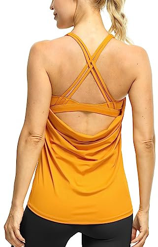 icyzone Damen Sport Yoga Top mit BH - 2 in 1 Fitness Shirt Cross Back Gym Sport Tank Top (XL, Golden Yellow)