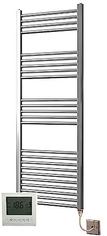 Greened House Extra High Heat Output Chrome Electric Towel Rail 500 x 1500mm Flat Bathroom Radiator Heater Up to 26% More Heat Output + Timer and Thermostat