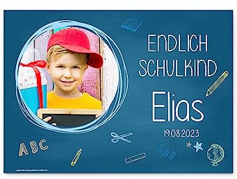 Striefchen® Foto-Banner zur Einschulung - Endlich Schulkind! - mit Namen des Kindes 50 x 70 cm Kunststoff Blau