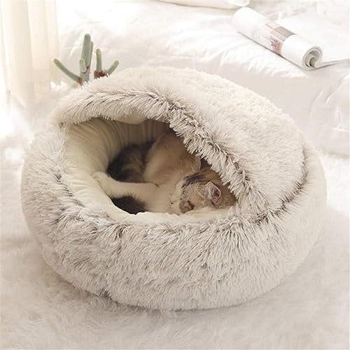 Fashionapple Flauschiges Katzenbett, rund, weiches Plüsch, Höhle mit Kapuze, Katzenbett, für den Winter, warm, Schlafkissen, rutschfest, maschinenwaschbar, für Katzen und Welpen,Kaffe,50 cm