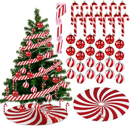 Shappy Weihnachtsbaumschmuck-Set, Rot und Weiß, Weihnachtsbaum-Dekoration, Punkte, Streifen, Ball, gestreift, Stoff, Kunststoffstäbe für Weihnachten, Urlaub, Partyzubehör (100 cm)