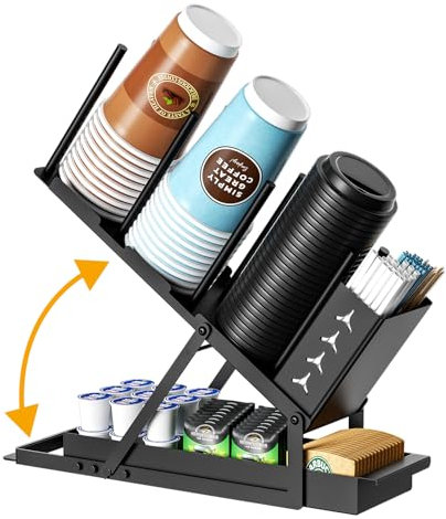 ZDDLOINP Cup and Lid Holder with Straw Organizer Coffee Station Organizer, Metal Cup Dispenser 5 Compartment Coffee Cup Holder for Coffee Bar Accessories, Disposable Paper Cups, Plastic Cups, Lids