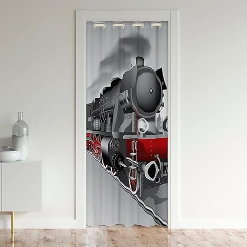 CTQTZ 3D-Digitaldruck Dampflokomotive Train Türvorhang, 150x203cm(BxH) Blickdicht Thermo Gardinen Vorhang Oldtimer-Zug Lokomotive Blackout Vorhang mit Ösen für Schlafzimmer Tür Schrank Vorhang