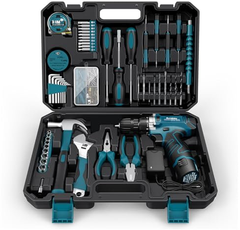 Sundpey Werkzeugkoffer 206tlg mit 12V Akku Bohrschrauber - Akkuschrauber Set, 2 Variable Geschwindigkeiten, 25+1 Drehmomentstufen, LED Licht, Werkzeugkasten für den Garten, Büro, Hausreparatur