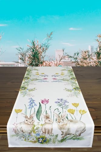 KAMACA Tischläufer Frühling Ostern Blumen Hasen Dekor Osterhasen Ostereier Bunt Waschbar Küche Esstisch Tisch Dekoration (40x140 Hasen - Familie)