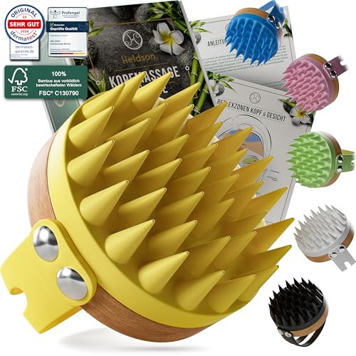 HELDSON® Premium Kopfhaut Massagebürste - FSC®100% - Kopfmassage Bürste - Scalp Massager Brush - Haar Massagebürste Haare - Hair Care Kopfhaut Peeling - Kopf Massage - Scalp Scrub [Zitrusgelb]