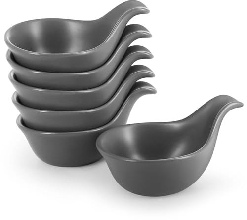 Flexzion Ceramic Dipping Bowls, Small Bowls for Dipping with Handle, Condiment Cups Soy Sauce Dish, Porcelain Ramekins, Sauce Holders, Containers for Small Side Dishes Dips - 3 oz, Set of 6, Gray