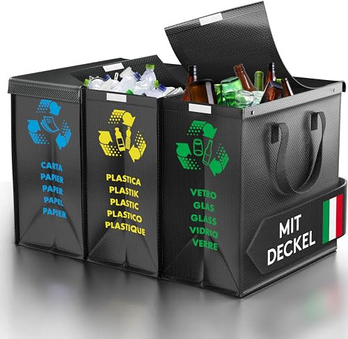 PTMS® Cubos de basura cocino con TAPA - 3 Cubos de basura de reciclaje para vidrio, papel y plástico - Bolsas reciclaje en colores estándar - Papelera cocina fácil de vaciar - Cubo basura cocina