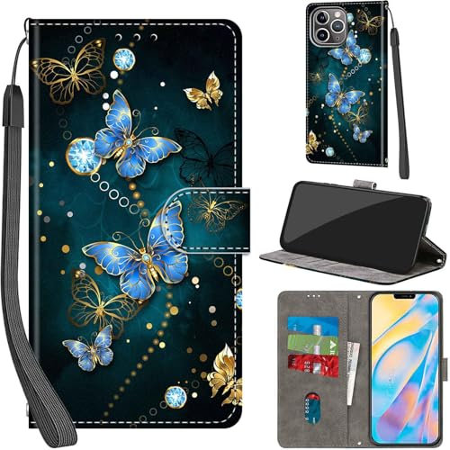 PHINIENLAND For iPhone 12 Pro Max Leather Wallet Case,Flip Protective Book Cover with Card Holder,Stand Wrist Strap Magnetic Flip Cover Compatible with for iPhone 12 Pro Max Case -Blue Butterfly