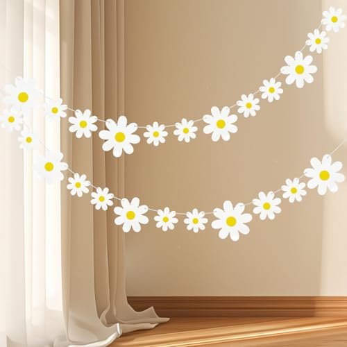 2 Packs Daisy Banner, Boho Party Decorations White Daisy Decoration Banner Daisy Party Accessories Flower Party Banner for Indoor Outdoor Girls Boys Birthday Party Supplies