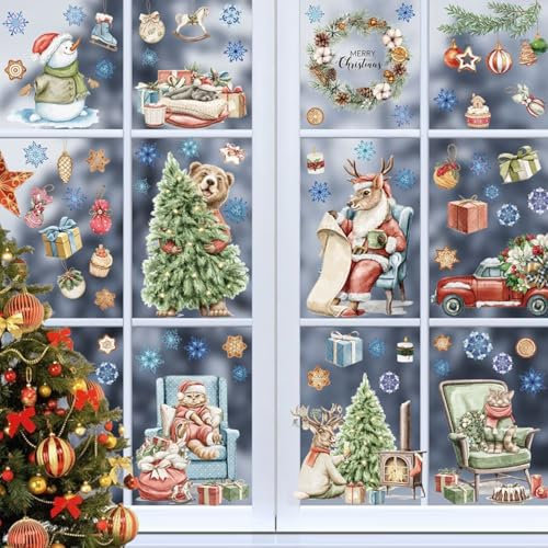 KASESSS 87 Stück Fensterbilder Weihnachten, Weihnachtsdeko Fenster, Doppelseitig Tiere Weihnachts Fensterbilder, Fensterdeko Weihnachten, Wiederverwendbar PVC Fenstersticker Weihnachten, Buntes