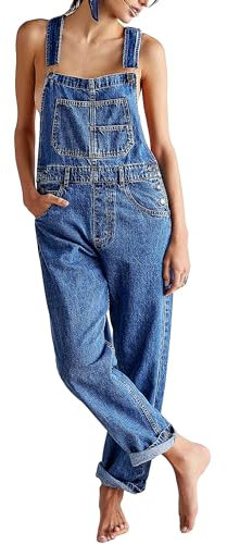 Salopette da donna casual a gamba larga, in denim, vestibilità ampia, pantaloni a vita alta, con tasche