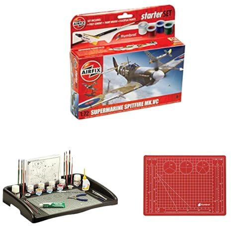Airfix Welcome to the Hobby Bundle - A55001 Supermarine Spitfire MkVc Model Building Kit - Plastic Model Plane Kits for Adults & Children, Also Includes the Humbrol Work Station & A4 Cutting Mat