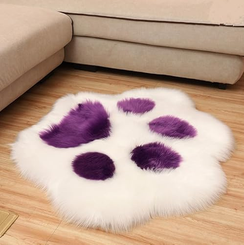 YUGWNN Niedlicher Teppich Katzenpfoten,Longhair Fell Optik Nachahmung Wolle Wohnzimmer Teppich,Schlafzimmer Kinderzimmer Deko Langflor Teppiche,100x85cm/39.3x33.4in,Weiß Lila