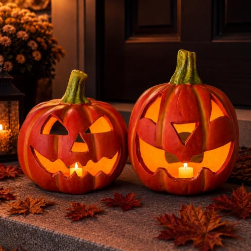 Kürbis-Deko Laternen 2er Set als LED Halloween-Deko - Jack Lantern Halloween-Kürbisse als beleuchtete Outdoor Grusel-Deko - Deko-Kürbis als innen Herbst-Deko oder Garten-Deko Windlicht