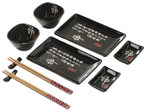 Mocerakai Juego de 10 platos de sushi japoneses, platos y bandejas para entretener, platos de sushi, platos de sushi, juegos de vajilla de cocina tradicional con palillos, color negro Shen