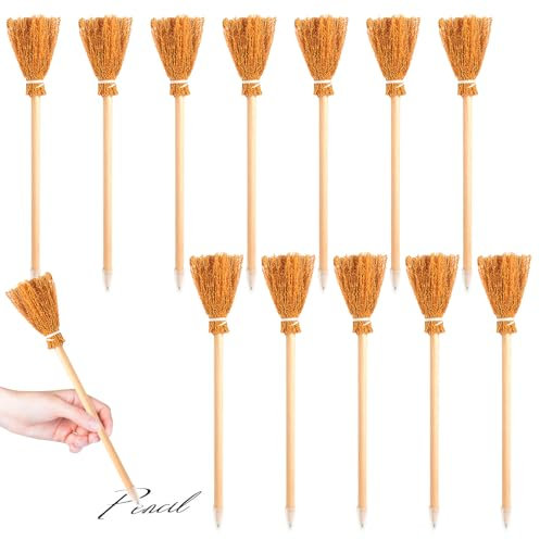 YALiya 12 Stück Hexenbesen Holzbleistifte, Holzbleistift Besenstiel, Hexenbesen Kinder Bleistift, Kommt mit Einem Hexenbesen für Halloween, Hexe Themenpartys, Event Party Geschenk Dekorationen