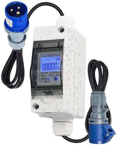 Mobiler Digitaler Stromzähler 230V, 16A Mobile Meter CEE Outdoor KWH Messgerät mit IP65 Wasserdich, Industriestecker LED Stromzähler mit Reset, Gummischlauchkabel Tragbar (CEE Stecker)