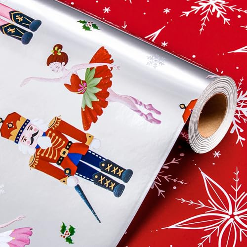 Wikadlik Wendbares Weihnachts-Geschenkpapier – Nussknacker-Mädchen, Ballett, Tanz, Schneeflocken-Design, Folie, silberfarbenes Geschenkpapier, 43 cm x 10 m