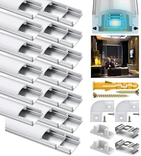 LED Profil Schwarz 20X1M, U Form Stripes Aluminium Profil Kanal für 12mm LED Streifen, Leiste Schiene Kanäle Strip Diffusor Aluprofil Eckprofil mit Milchig Weißer Abdeckung und 90 Grad Eckverbindern