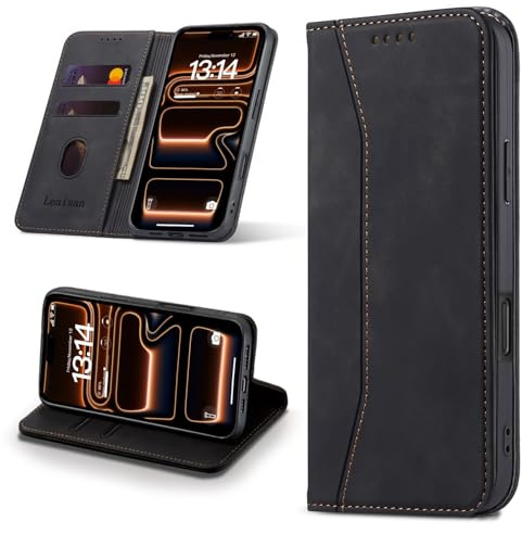 Leaisan Handyhülle für iPhone 17 Pro Hülle Premium Leder Flip Klappbare Stoßfeste Magnetische [Standfunktion] [Kartenfächern] Schutzhülle für iPhone 17 Pro Tasche - Schwarz